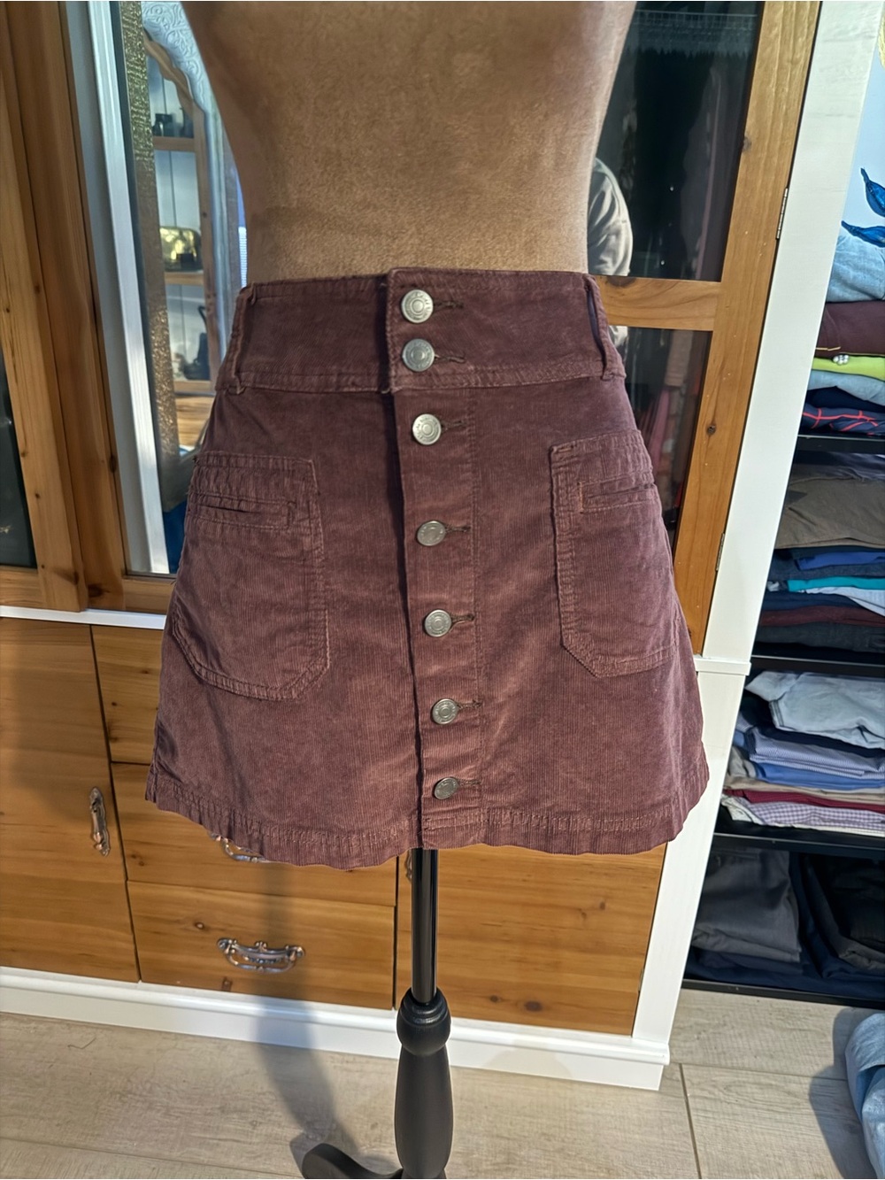 We The Free Burgundy Button-Front Corduroy Mini Skirt